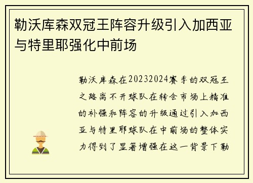 勒沃库森双冠王阵容升级引入加西亚与特里耶强化中前场